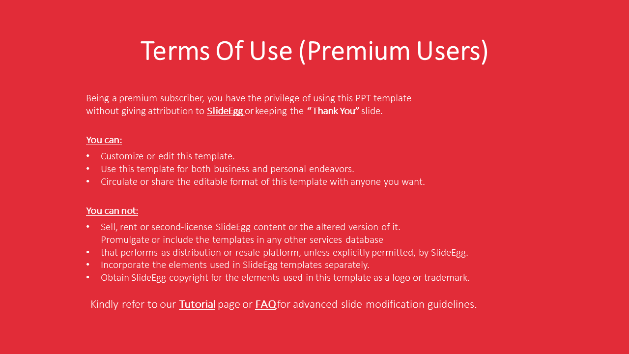 A red slide titled Terms Of Use Premium Users details the usage privileges for premium subscribers.