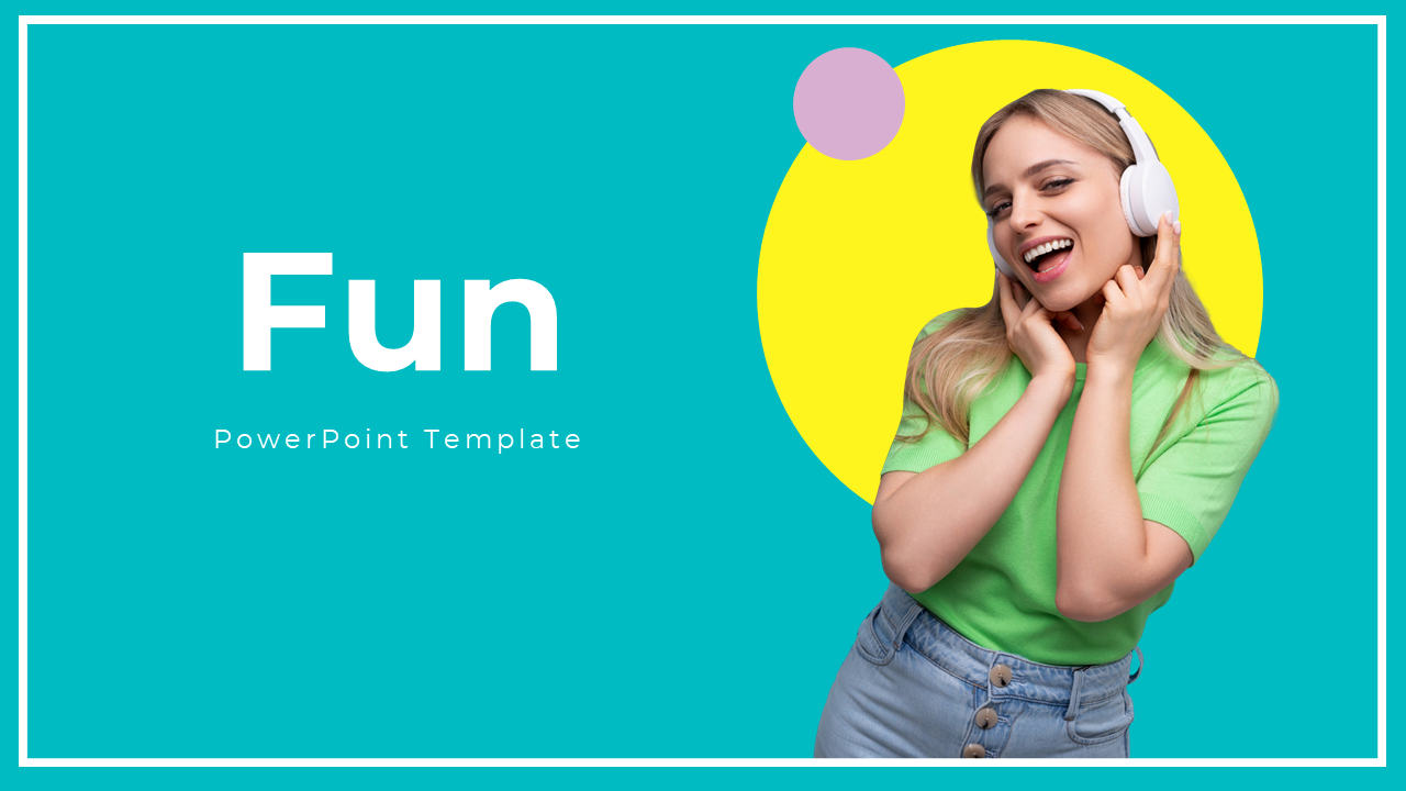Vibrant turquoise and yellow PPT slide with a young woman with blonde hair and headphones smiles set against a yellow circle.