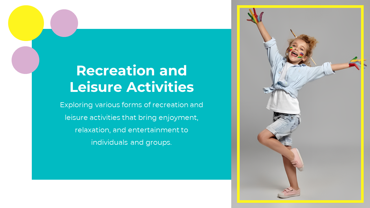 A turquoise and white slide with descriptive text and a young person with paint on their hands and face joyfully poses.