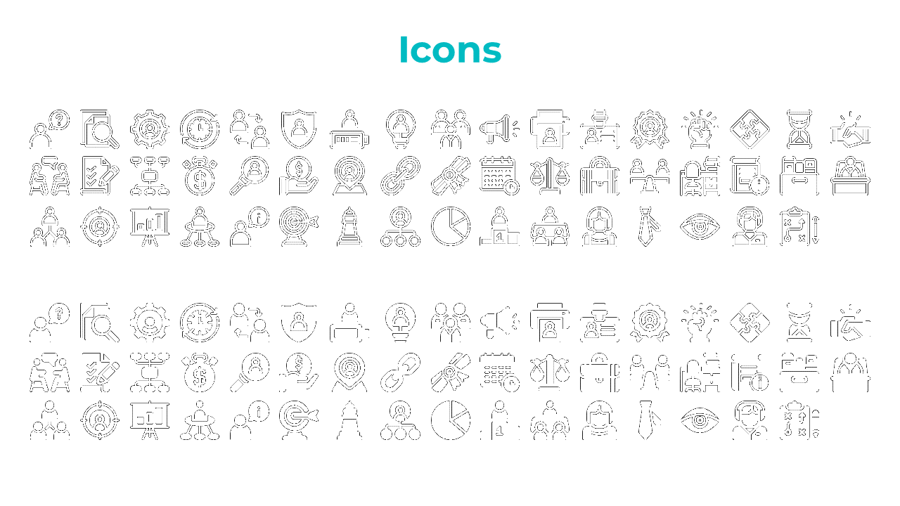 Icons showcasing different business and strategy elements such as team collaboration, data analysis, and decision making.