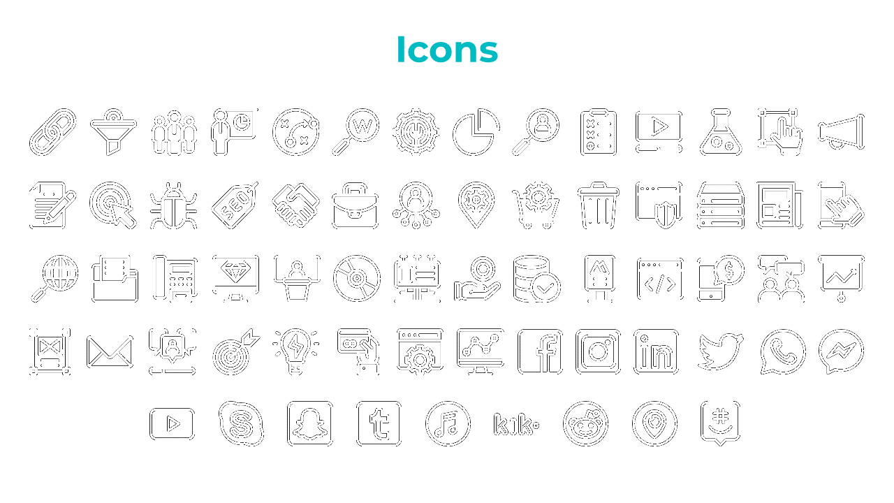 Collection of black icons with digital tools and social media platforms like YouTube, Twitter, LinkedIn and Instagram.