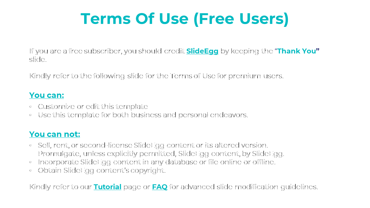 Terms of use slide for free users outlining allowed actions such as customizing and using templates in a white theme.