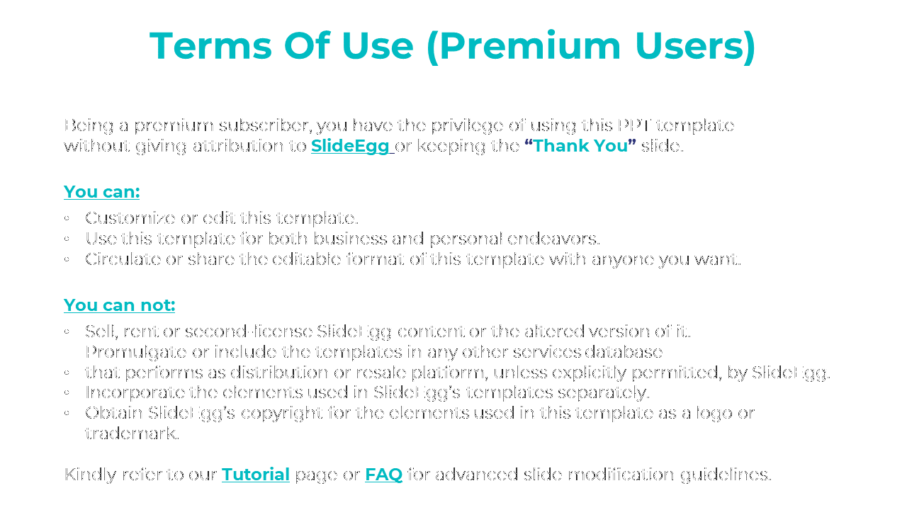 Terms of use for premium users, outlining the benefits and restrictions such as the privilege of using and editing templates.
