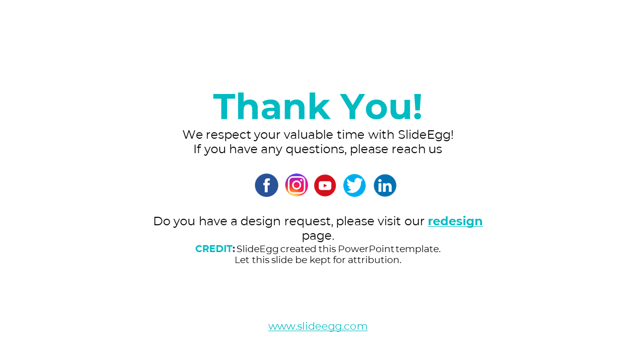 SlideEgg's thank you message with social media icons and a design request section on a white backdrop.
