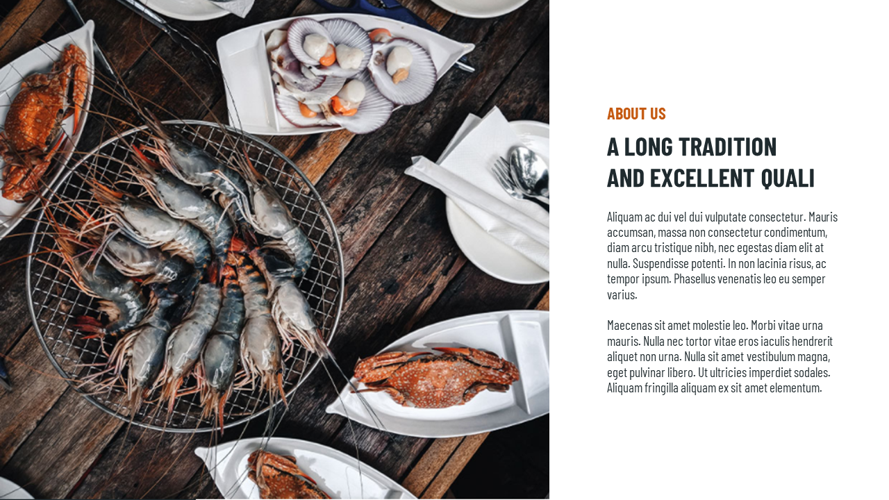 Fresh seafood including shrimp, crabs, and shellfish arranged on wire rack and plates next to a white text section.