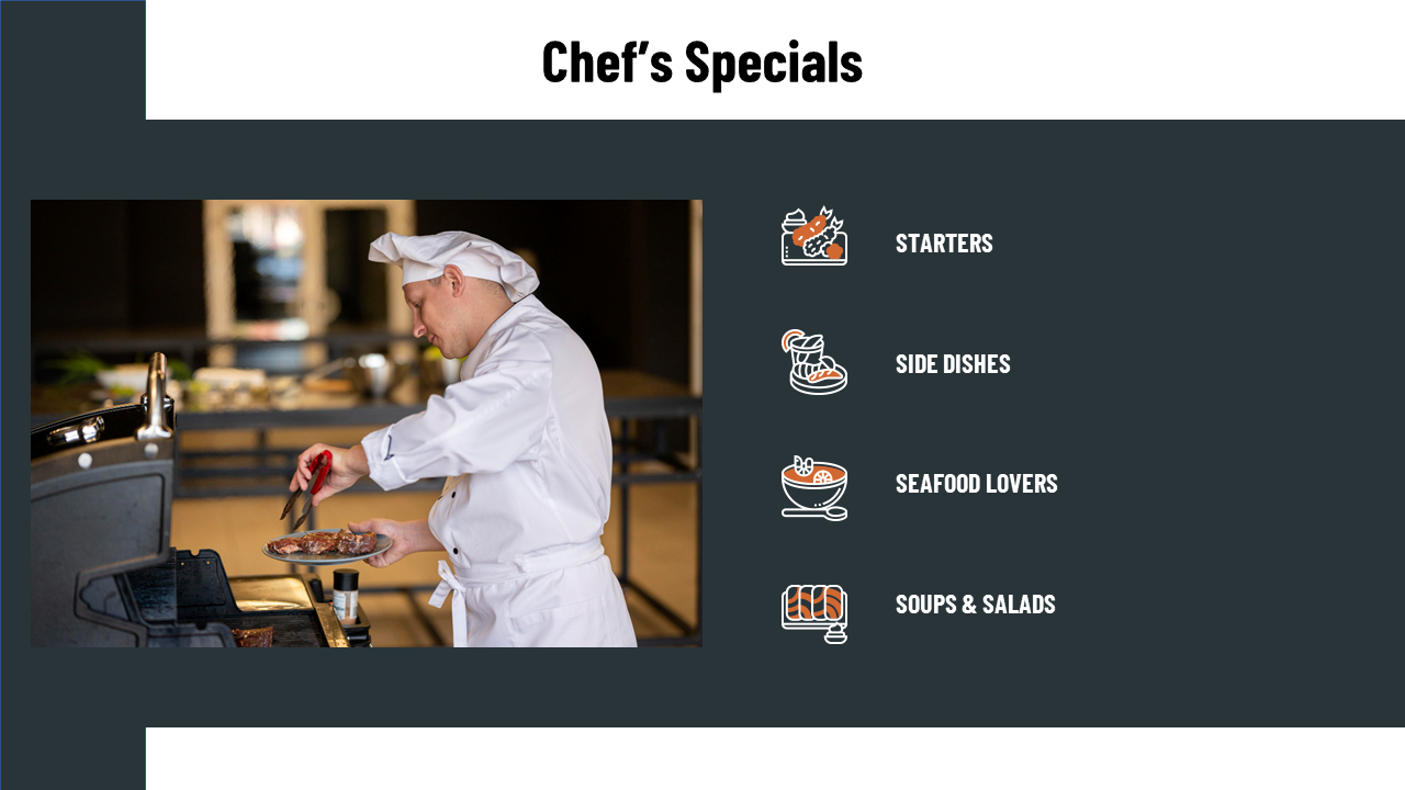Male chef using tongs at grill station, with menu category and food icons for starters, side dishes, and soups on the right.