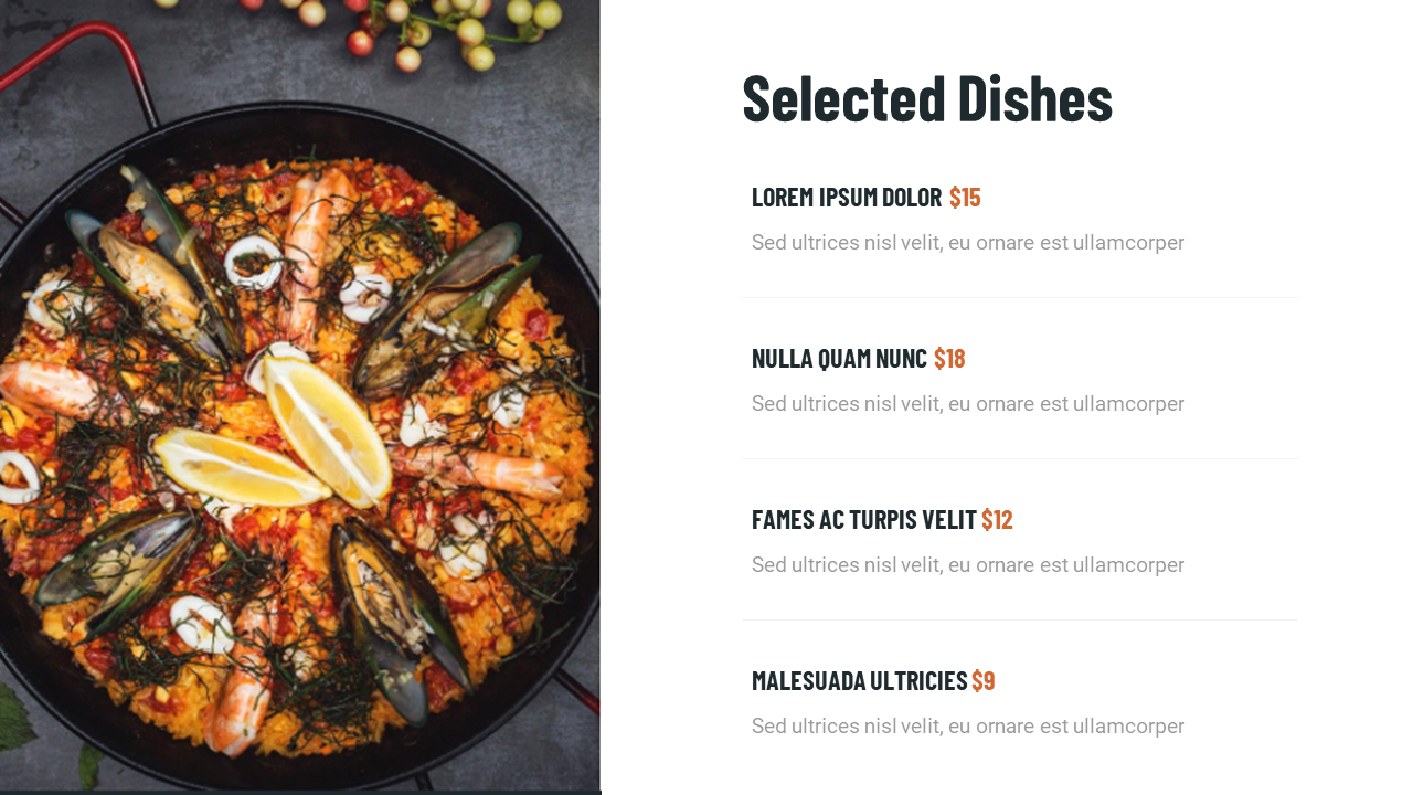 Colorful seafood paella with mussels and shrimp on left, paired with clean white list of selected dishes and their prices.