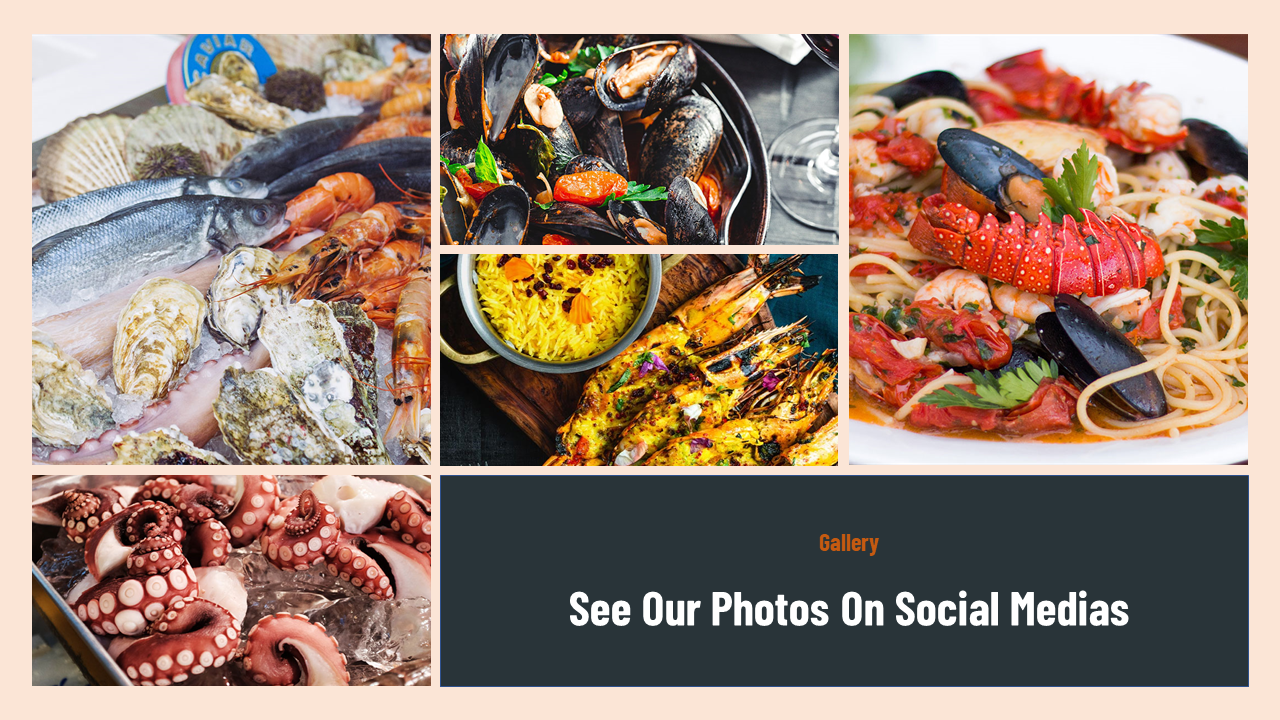 Colorful seafood gallery featuring raw fish, mussels, shrimp, and plated dishes next to a dark panel promoting social media.