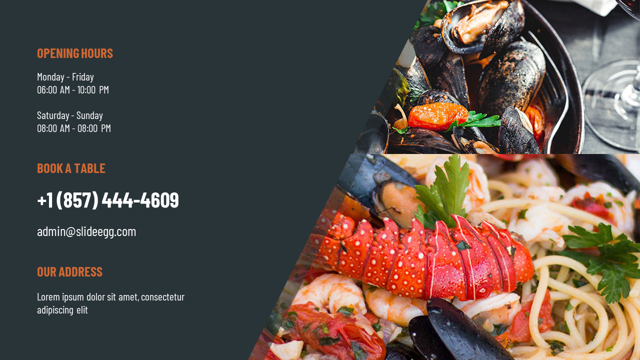 Contact info and hours listed on left with diagonal split showing mussels and lobster pasta on the right side of the layout.