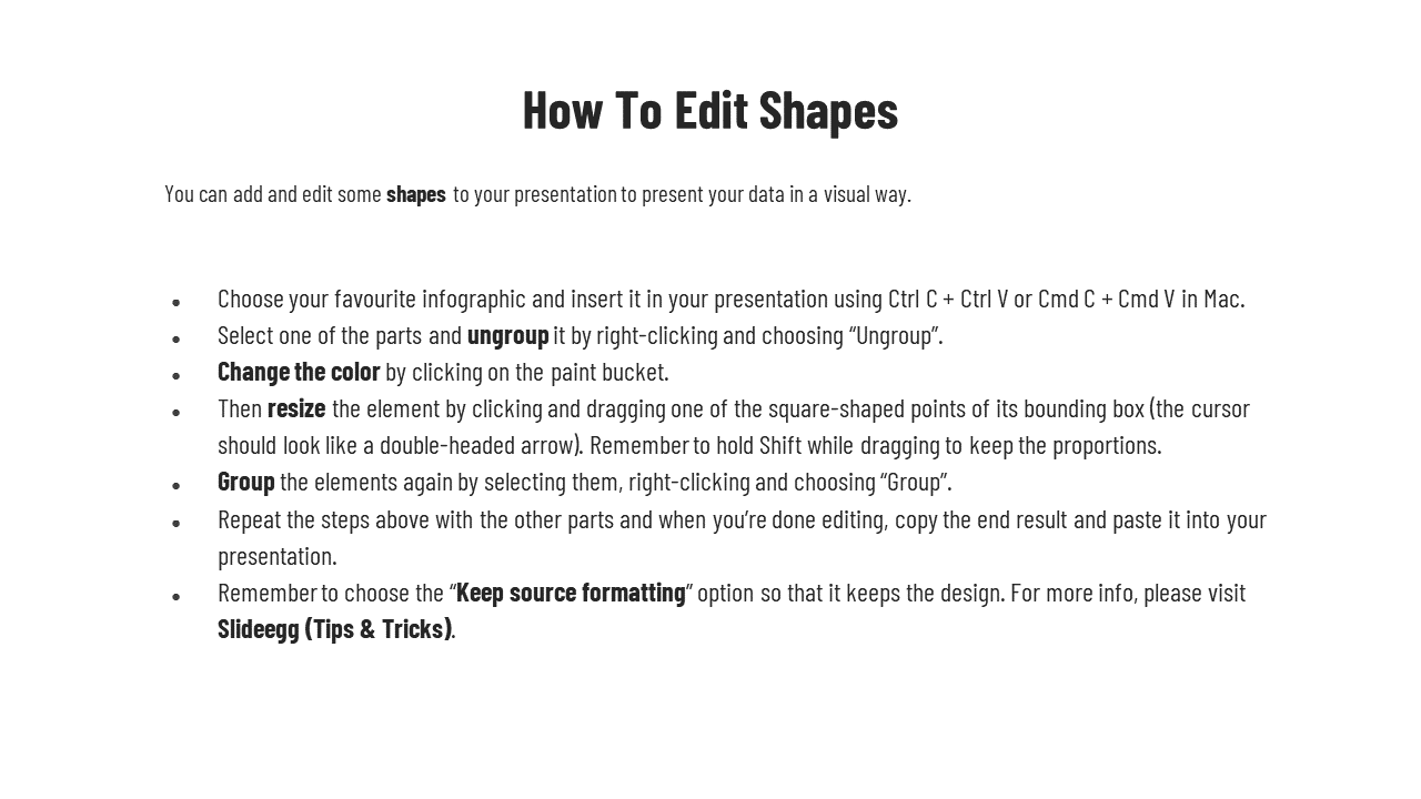 White background slide explaining shape editing steps in presentations, including tips on color, resize, and formatting.