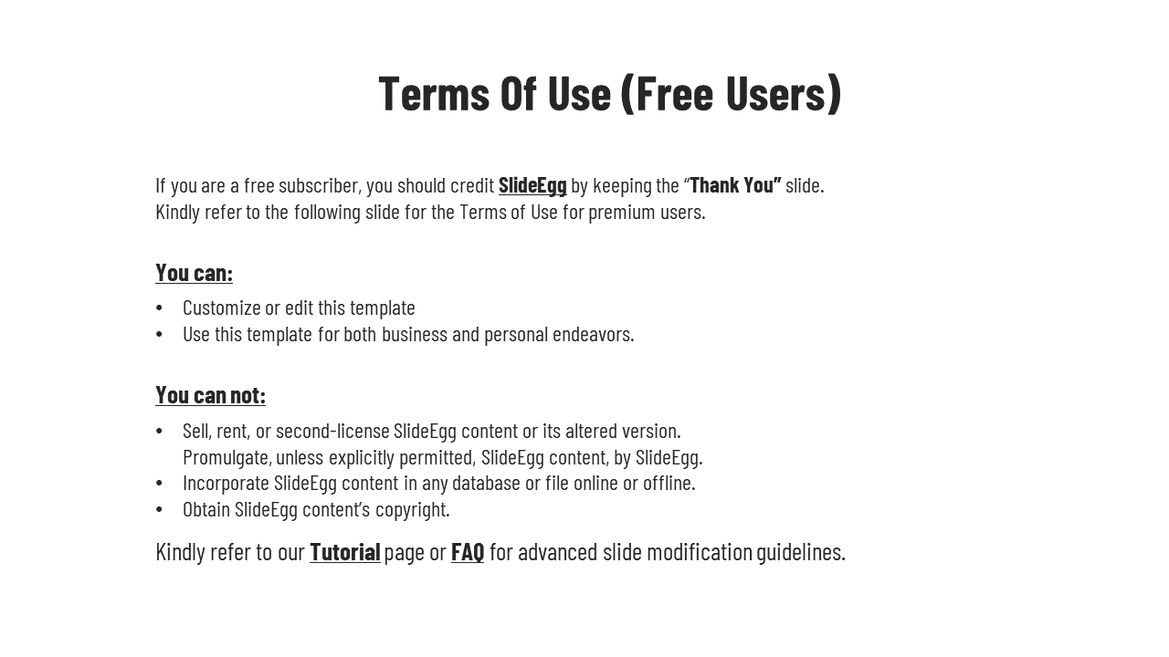 Terms of use for free users with bulleted permissions and restrictions, including crediting SlideEgg and usage rules.