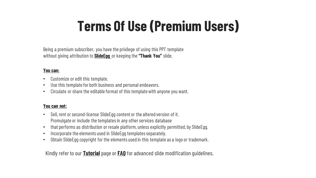 White slide with title and bullet points outlining usage rights and restrictions for SlideEgg premium template users.