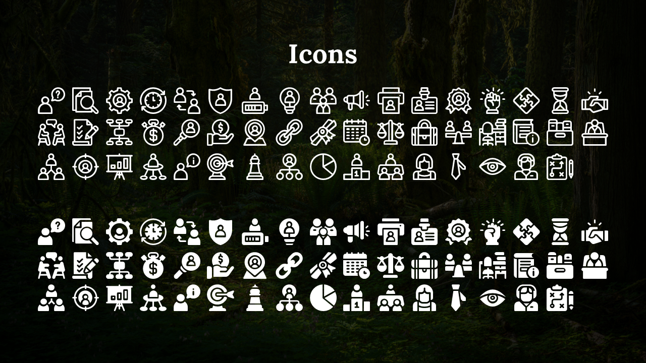 White and bold icons showing teamwork, planning, money, and analytics symbols over a woodland themed background.