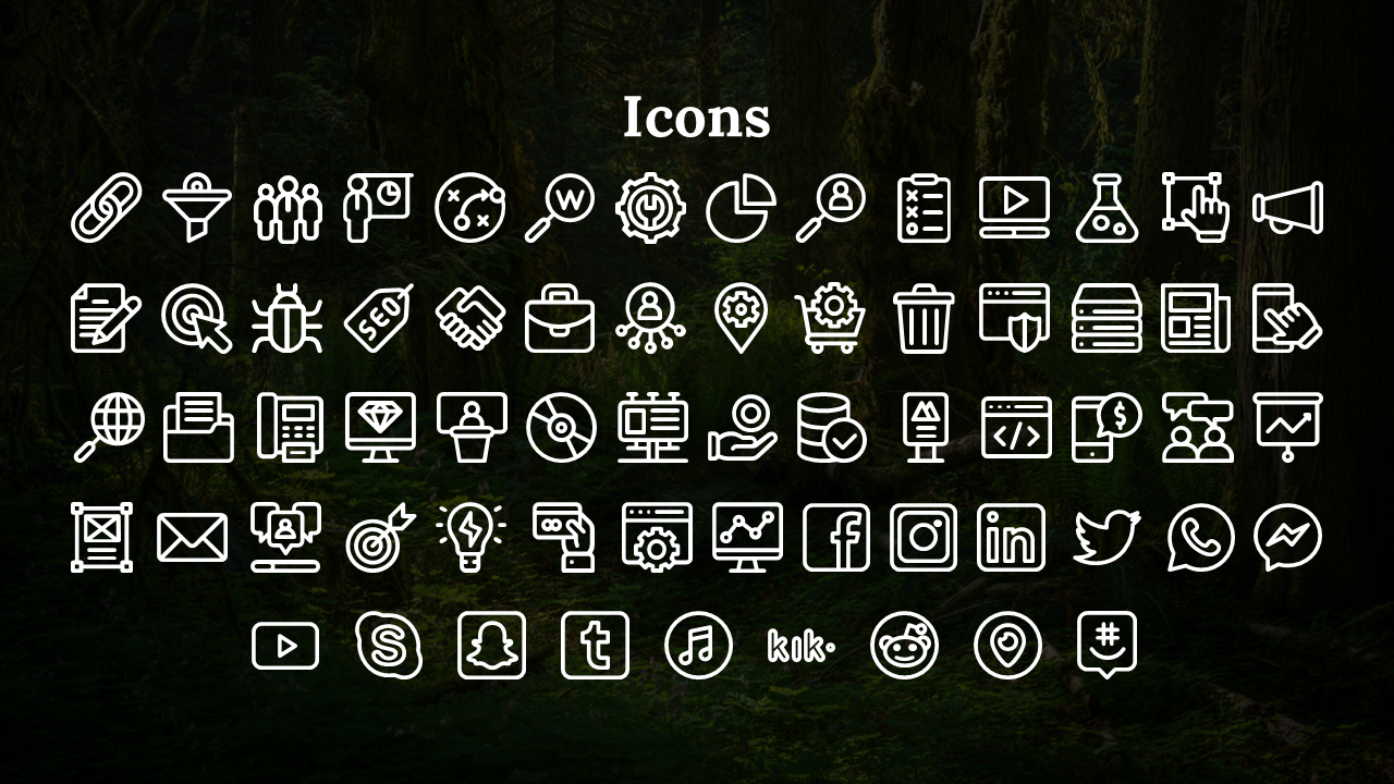Grid of white outline icons for business, SEO, media tools, and platforms like Facebook, LinkedIn, Twitter, and WhatsApp.