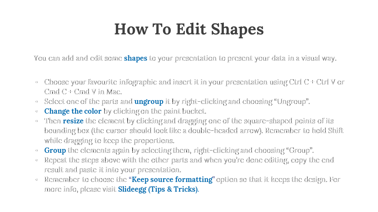 Text based guide slide explaining steps to edit shapes in presentations, with keywords in bold blue and black fonts.