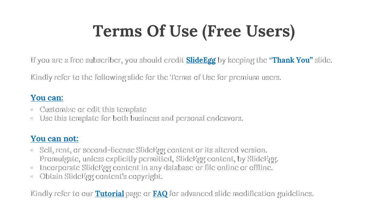 Text slide detailing free user guidelines for editing and sharing templates, emphasizing credit requirements and limitations.