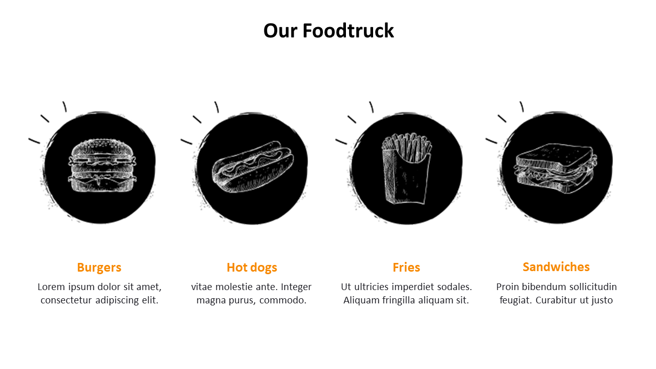 Sketched food icons of burger, hot dog, fries, and sandwich in black circles with orange headings under each item.