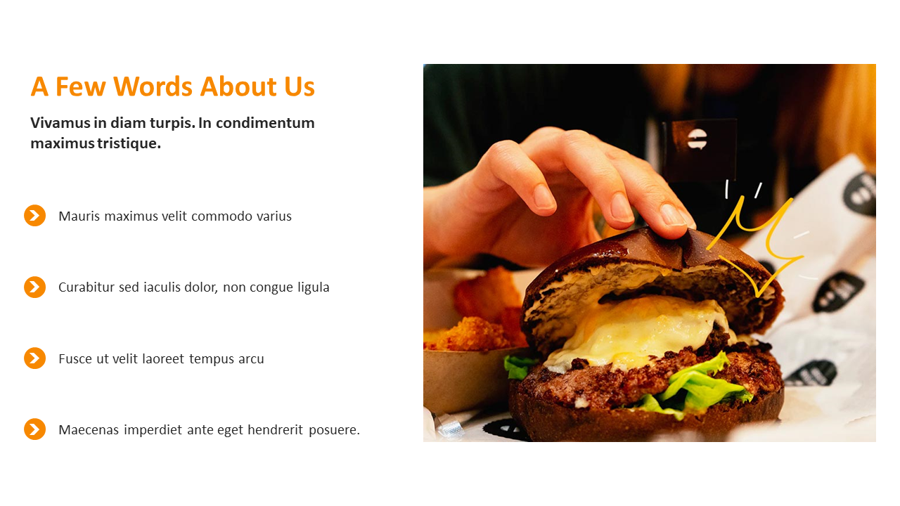 Person revealing juicy burger with melted cheese left side features orange heading and four icon with placeholder text.