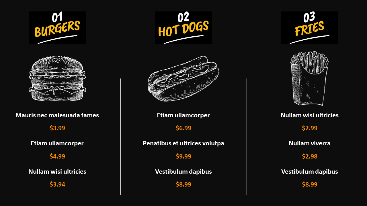 Chalk style burger, hot dog, and fries drawings over black background with names and prices in orange under each section.