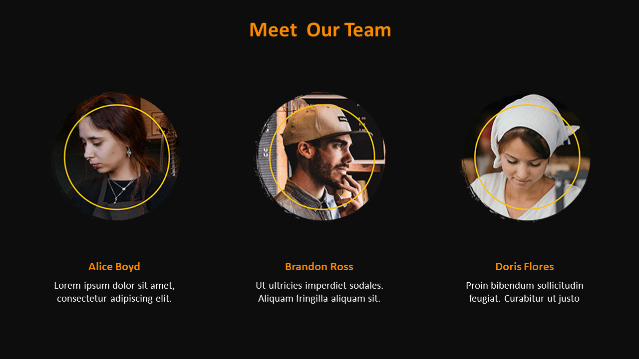 Dark themed team intro slide showing three members in circular frames with orange name headings and short bios.