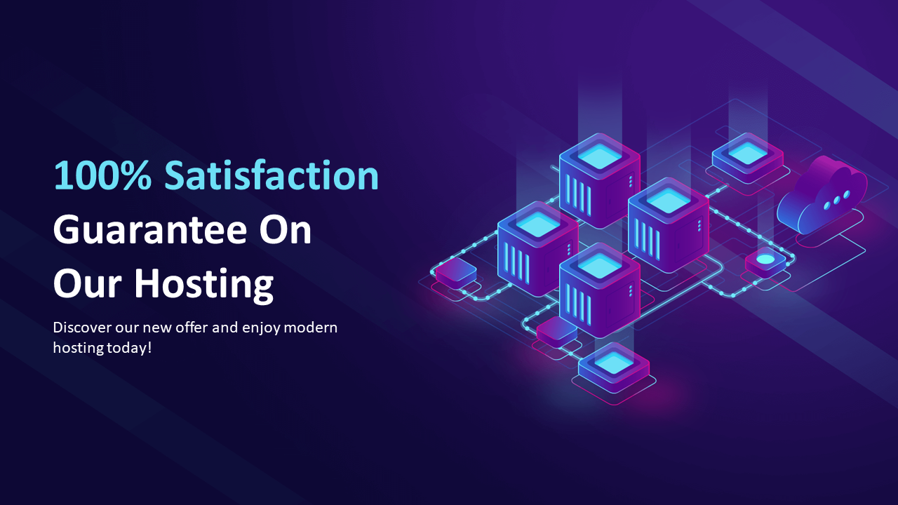 Purple background slide featuring futuristic server icons, cloud shape, and hosting guarantee message on the left.