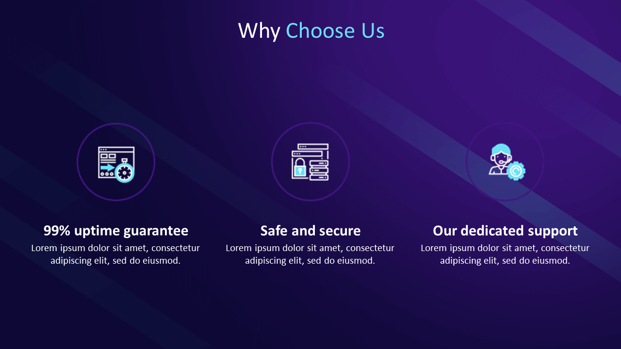 Hosting benefits slide showing 99% uptime, safe and secure systems, and dedicated support with glowing icons.