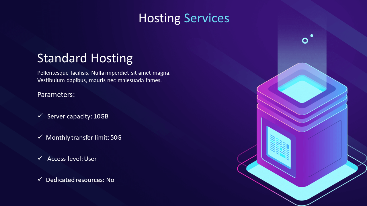Hosting services slide with neon server cubes and right side text listing server specs and access level details.