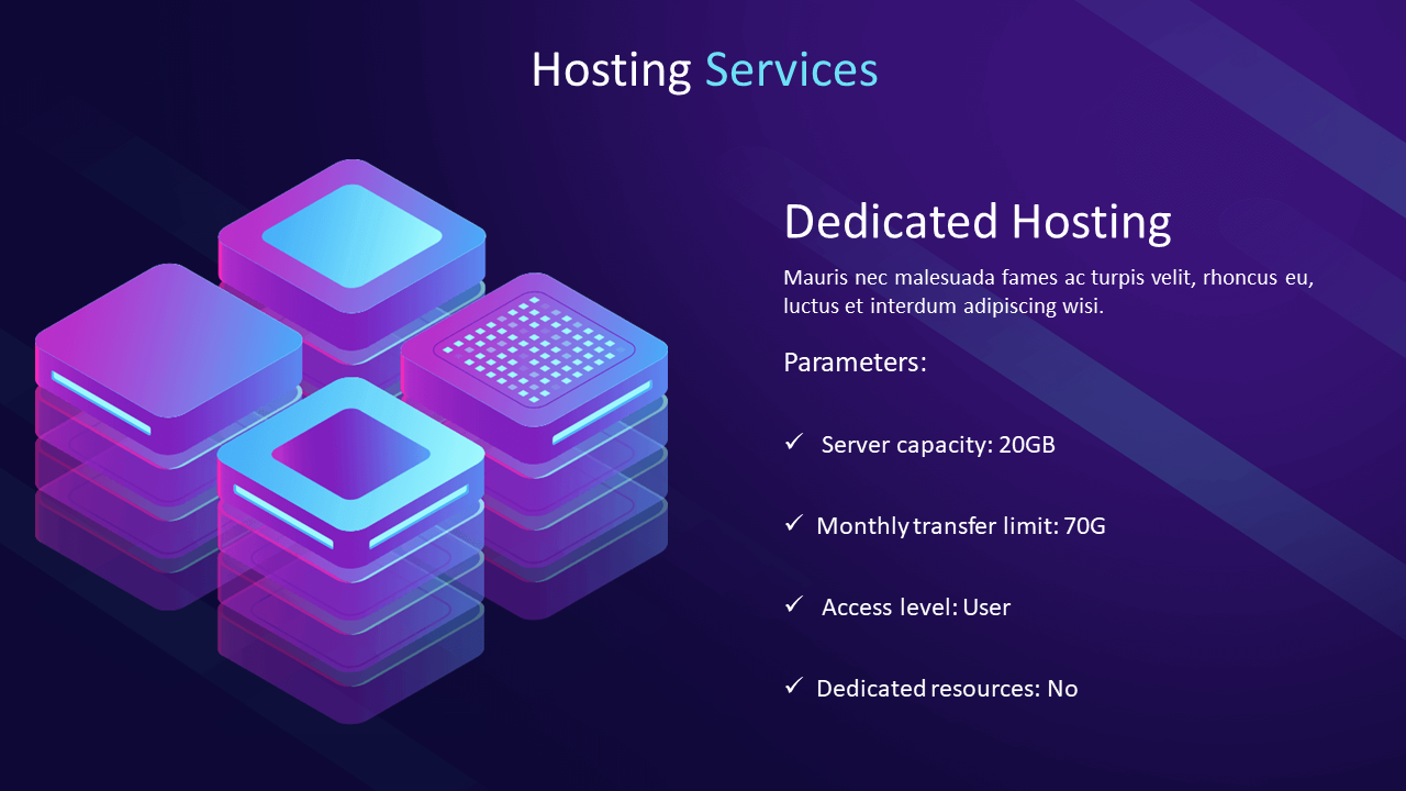 Hosting services slide showing cloud and server blocks with left aligned text for cloud hosting parameters and features.