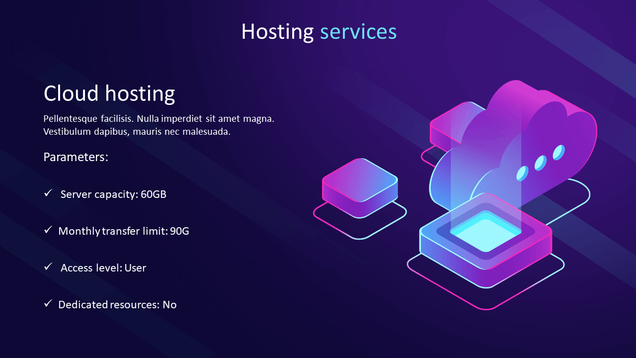 Hosting services slide with neon server cubes and right-side text listing server specs and access level details.