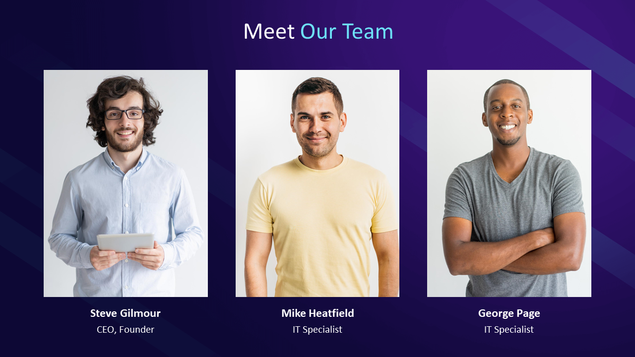 Team introduction layout on purple background featuring three professionals with titles and smiling portraits.