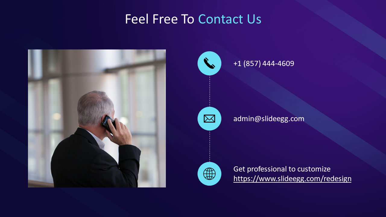 Contact slide with photo of a man on the phone, and icons for phone, email, and website on a purple background.