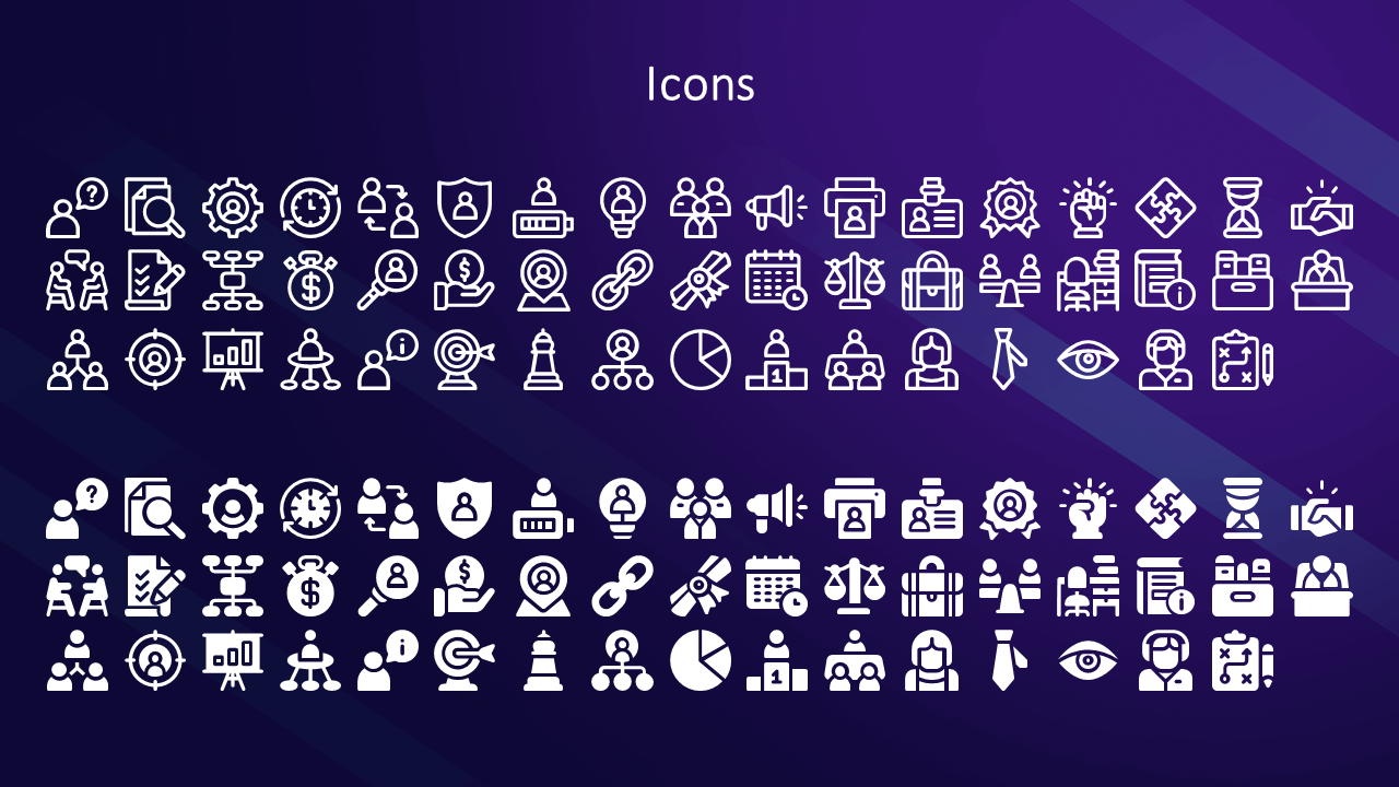 Grid of white business icons in outline and solid styles on purple background, including charts, people, and gears.