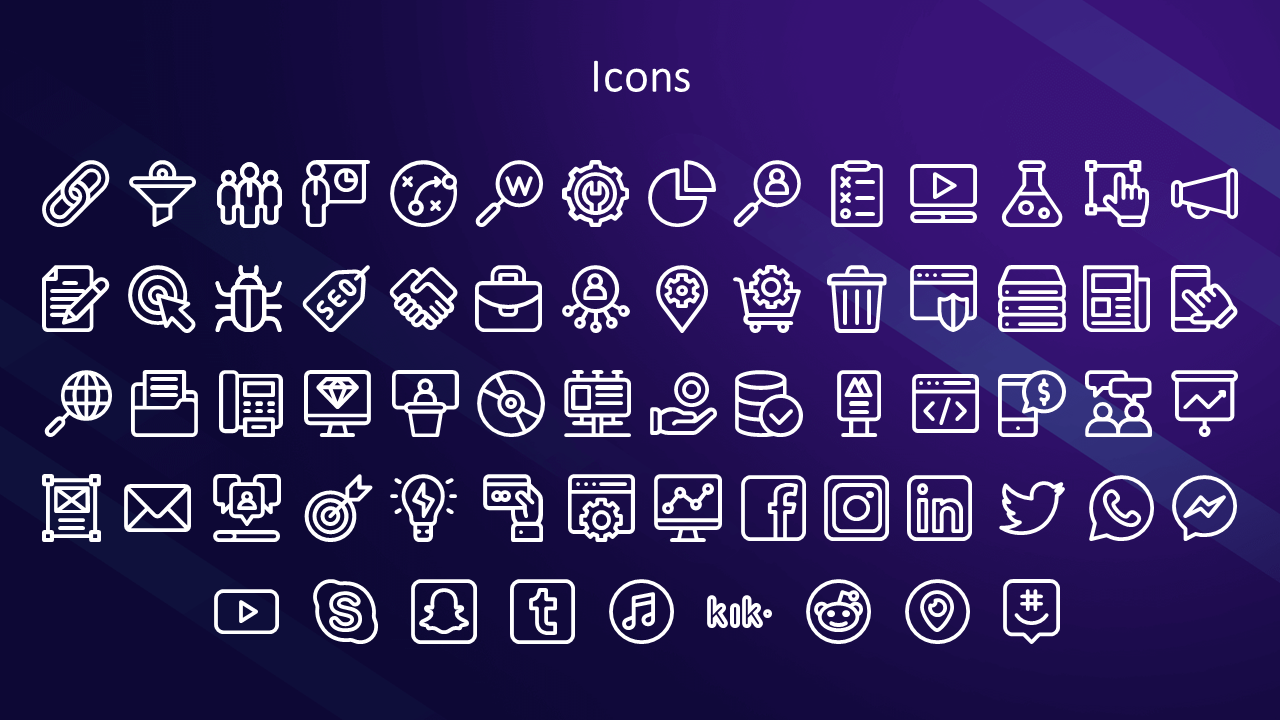 Purple slide featuring business, marketing, and social media icons like YouTube, Facebook, LinkedIn, and WhatsApp.