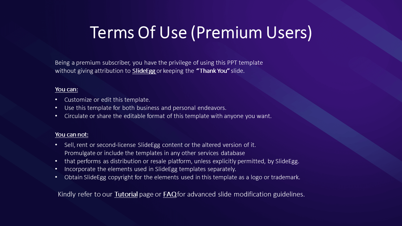 Terms of use slide for premium users with editing rights, sharing permissions, and restrictions on SlideEgg content usage.