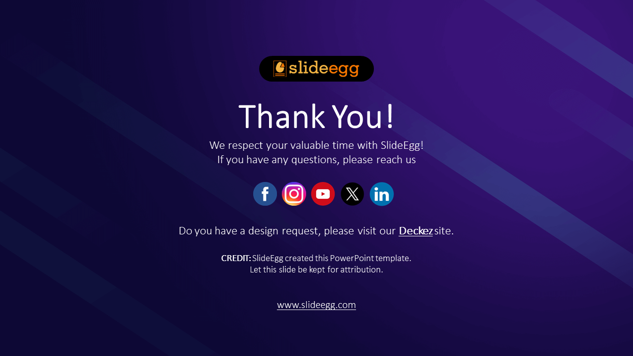 Thank you slide with SlideEgg logo, social media icons, and contact message, plus credit and website link at the bottom.
