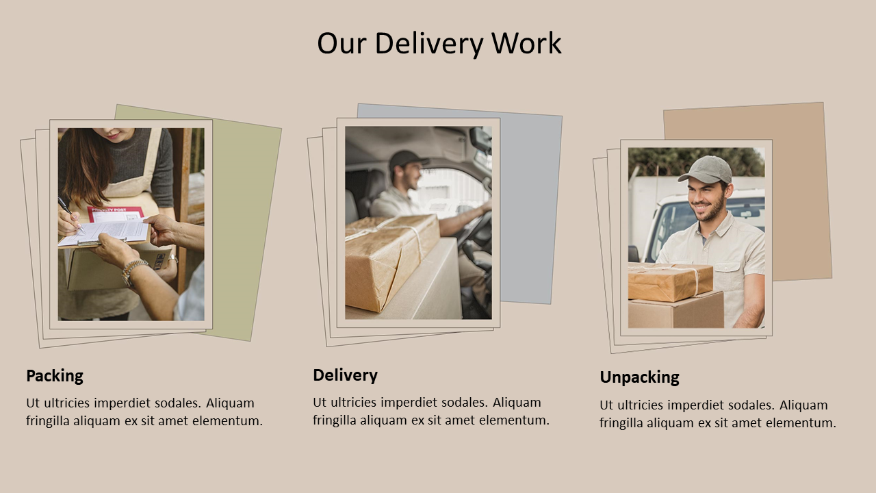 Three layout showing packing, delivery by a man in a van, and unpacking with courier holding boxes on beige background.