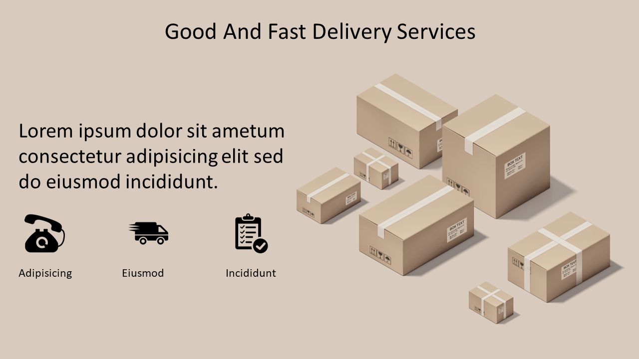 Various brown delivery boxes beside black icons and placeholder text promoting good and fast delivery services.