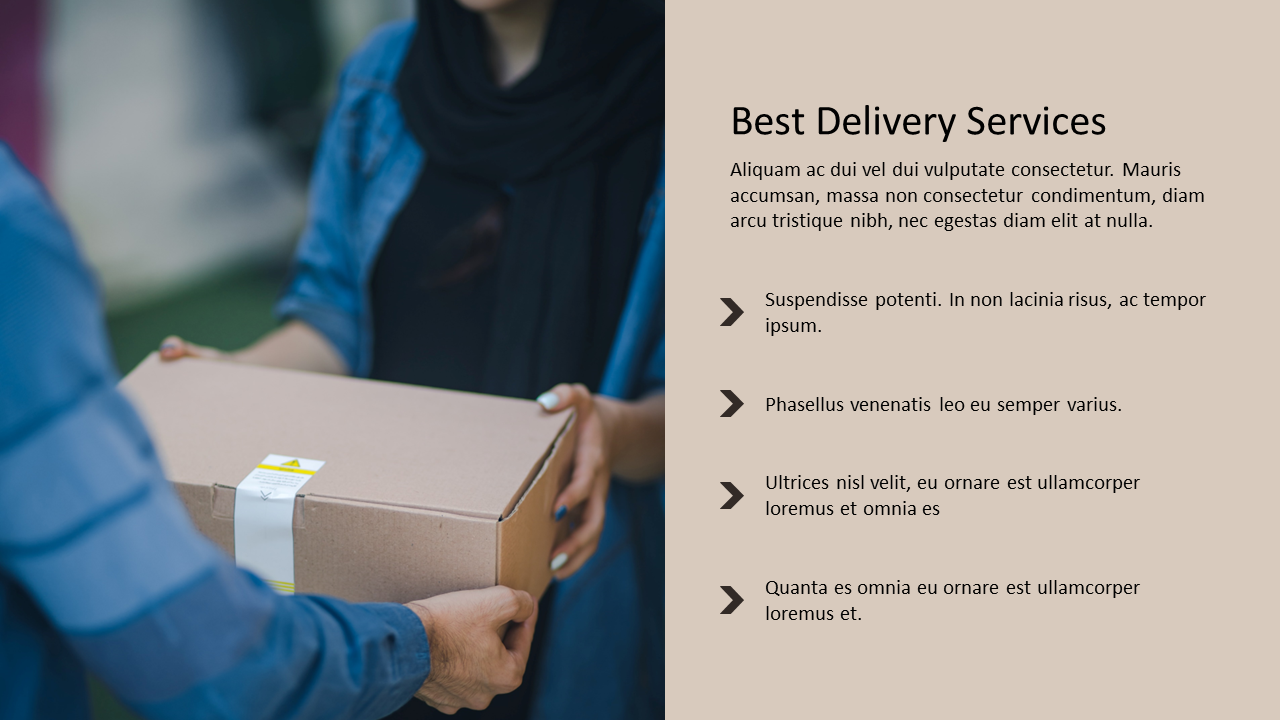 Side view of package delivery between two people, with section showing black headline and feature list on light background.