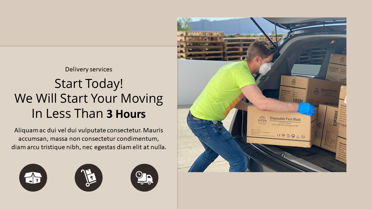 Delivery worker loading face mask boxes into a car trunk, next to bold black text and icons promoting fast moving services.