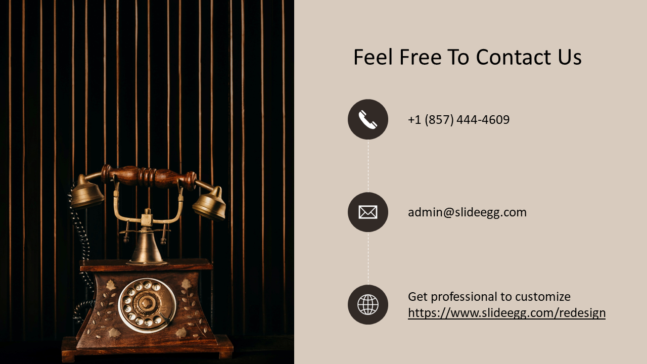 Split layout with classic telephone on dark background and contact info with icons and link on light beige background.