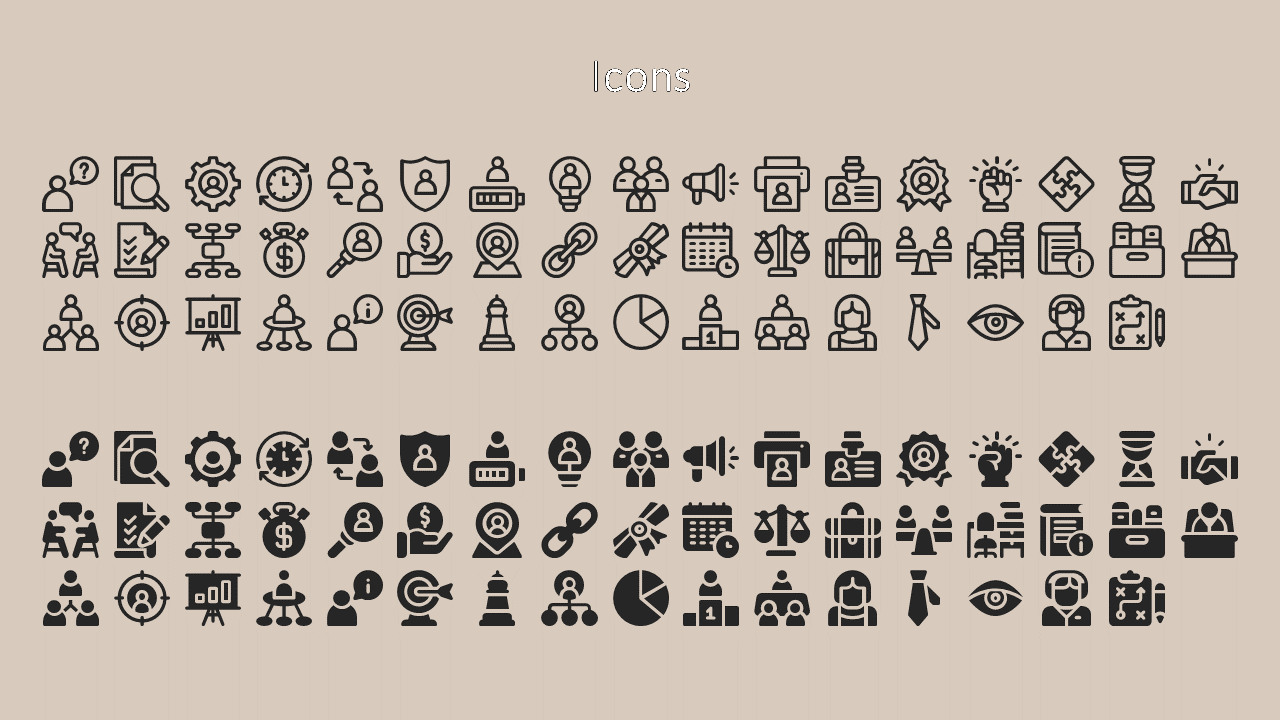 Grid of outlined and filled icons related to teamwork, planning, strategy, and productivity shown in two rows on layout.