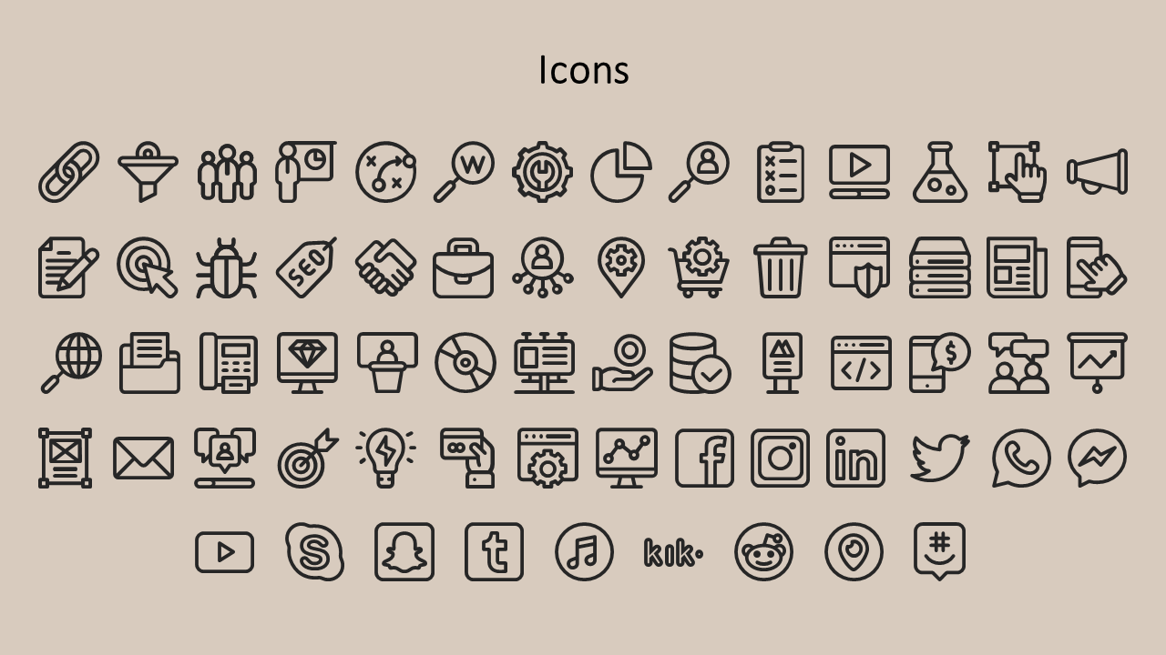 Beige background with assorted icons for marketing, data, devices, teamwork, and social platforms in five clean rows.