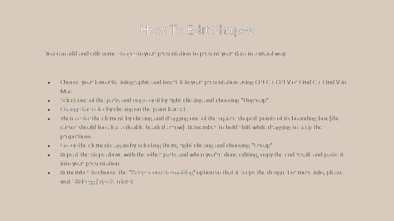 Instructional slide on editing shapes in presentations, featuring bold keywords and a list of formatting and grouping steps.