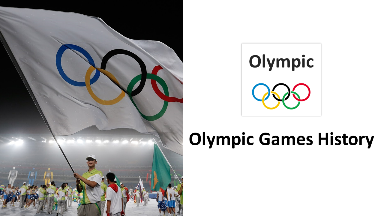 Large Olympic flag waved during ceremony with white panel on right showing Olympic rings and bold title text.