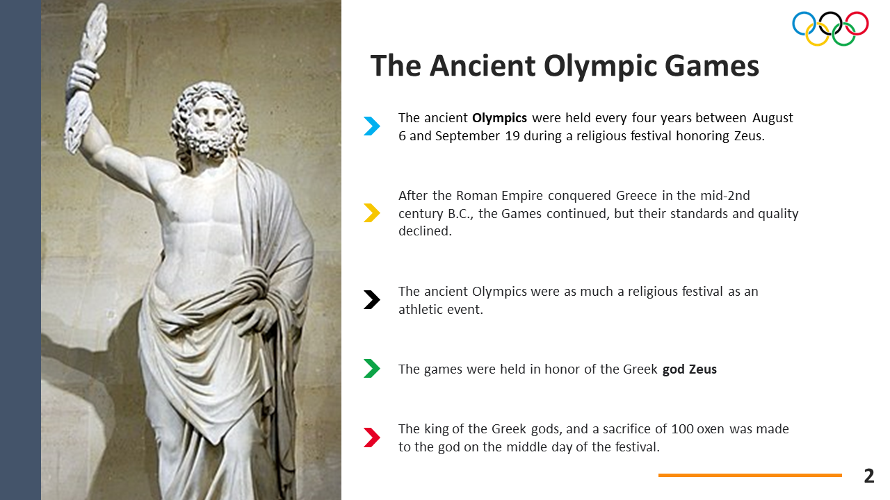 Statue of Zeus on left beside five color-coded facts on the history and religious origins of the Ancient Olympic Games.