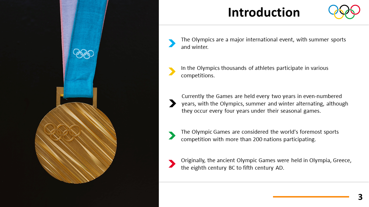 Olympic gold medal on black background beside five points introducing the Games scale, history, and seasonal structure.