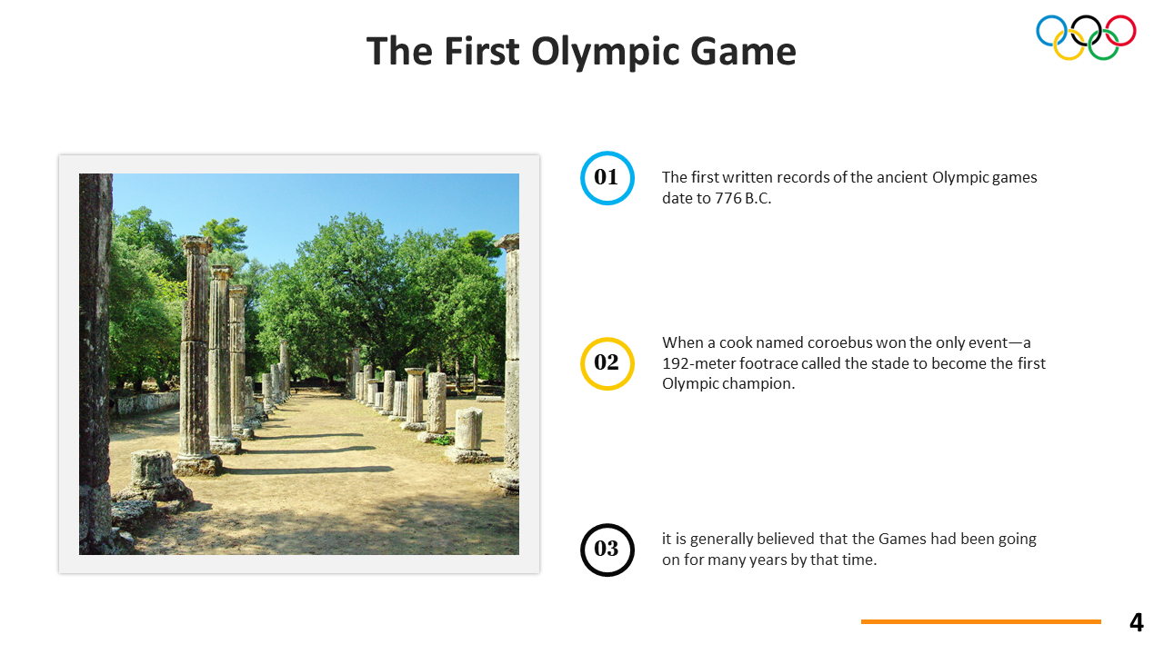 Historic ruins photo beside text about earliest Olympic records, first champion Coroebus, and origin timeline assumptions.