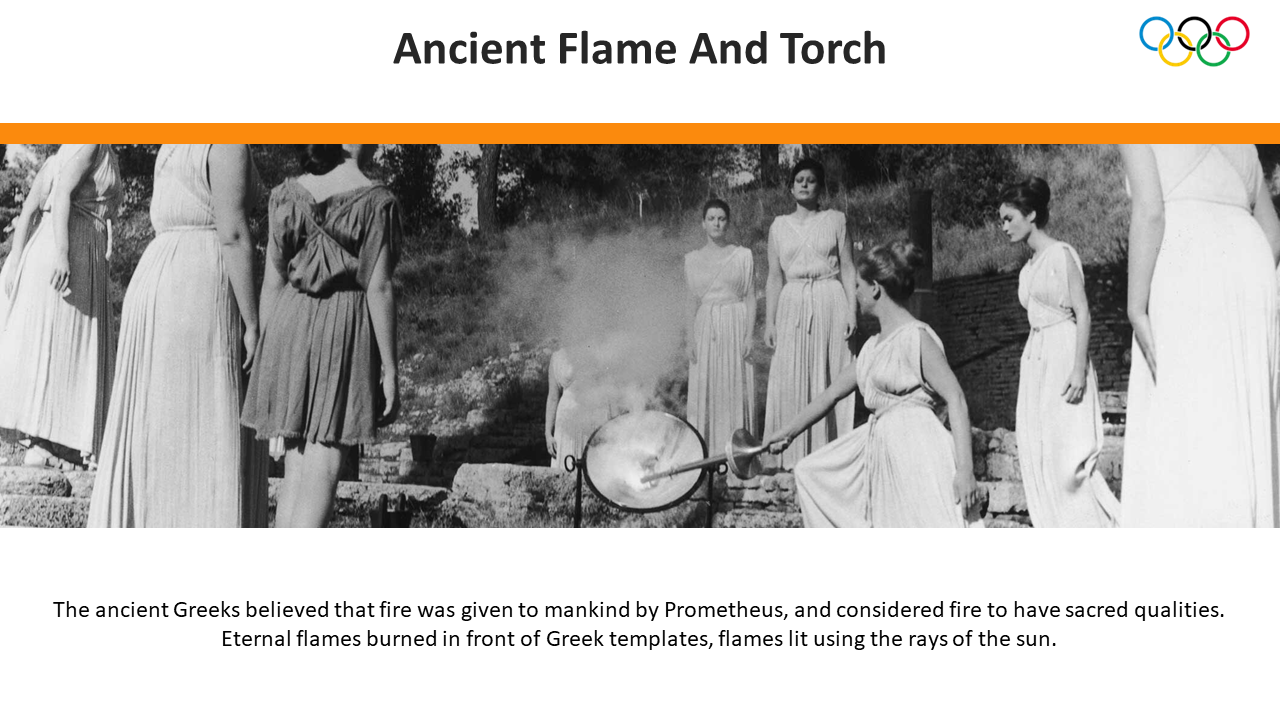 Historic reenactment of Greek women lighting a flame with sunlight, shown with text about sacred fire traditions.
