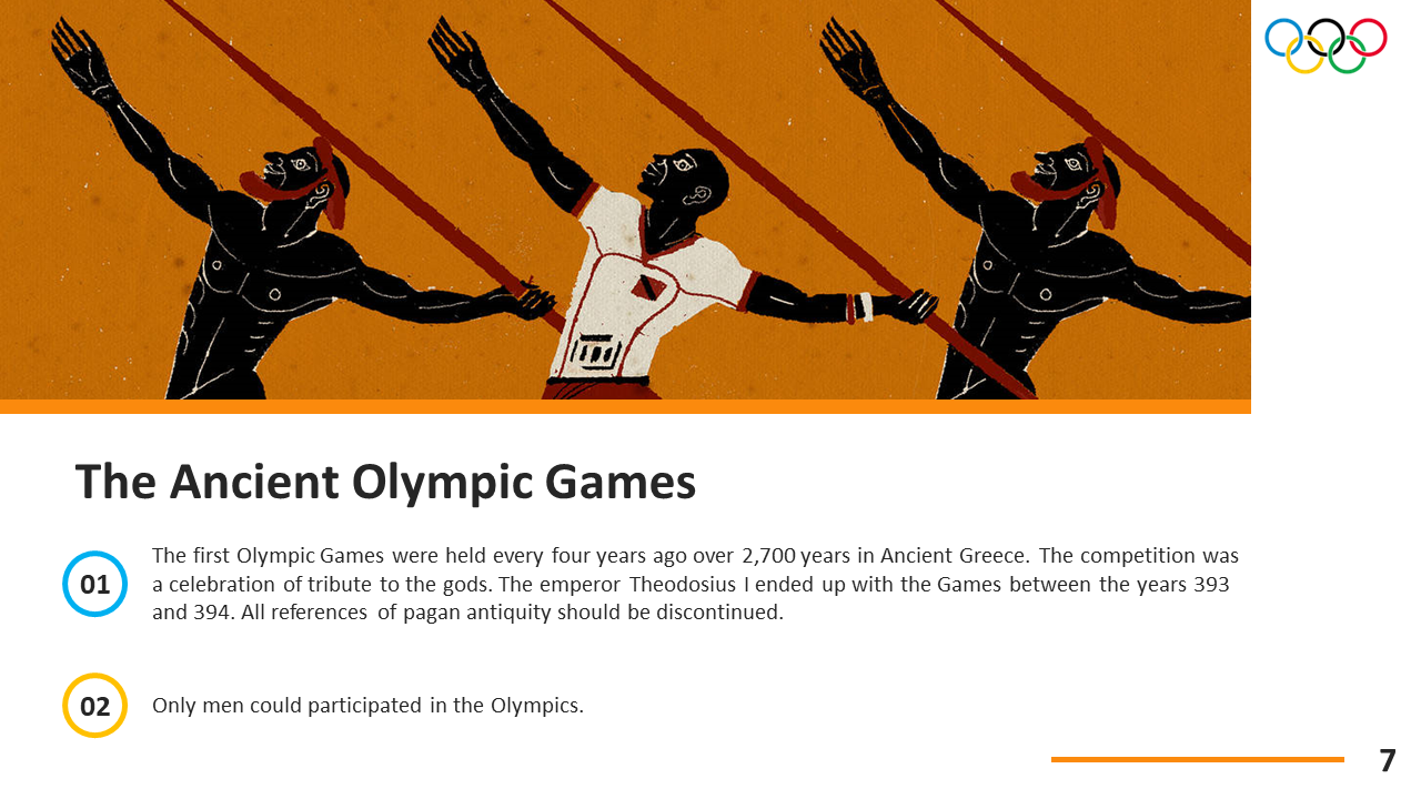 Stylized artwork of athletes with spear above text explaining the male only nature and history of the original Olympic Games.