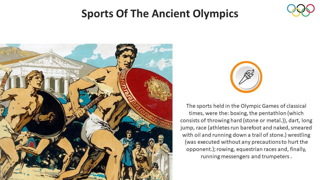 Olympic runners holding shields, with right panel text explaining various sports in early Greek competitions.